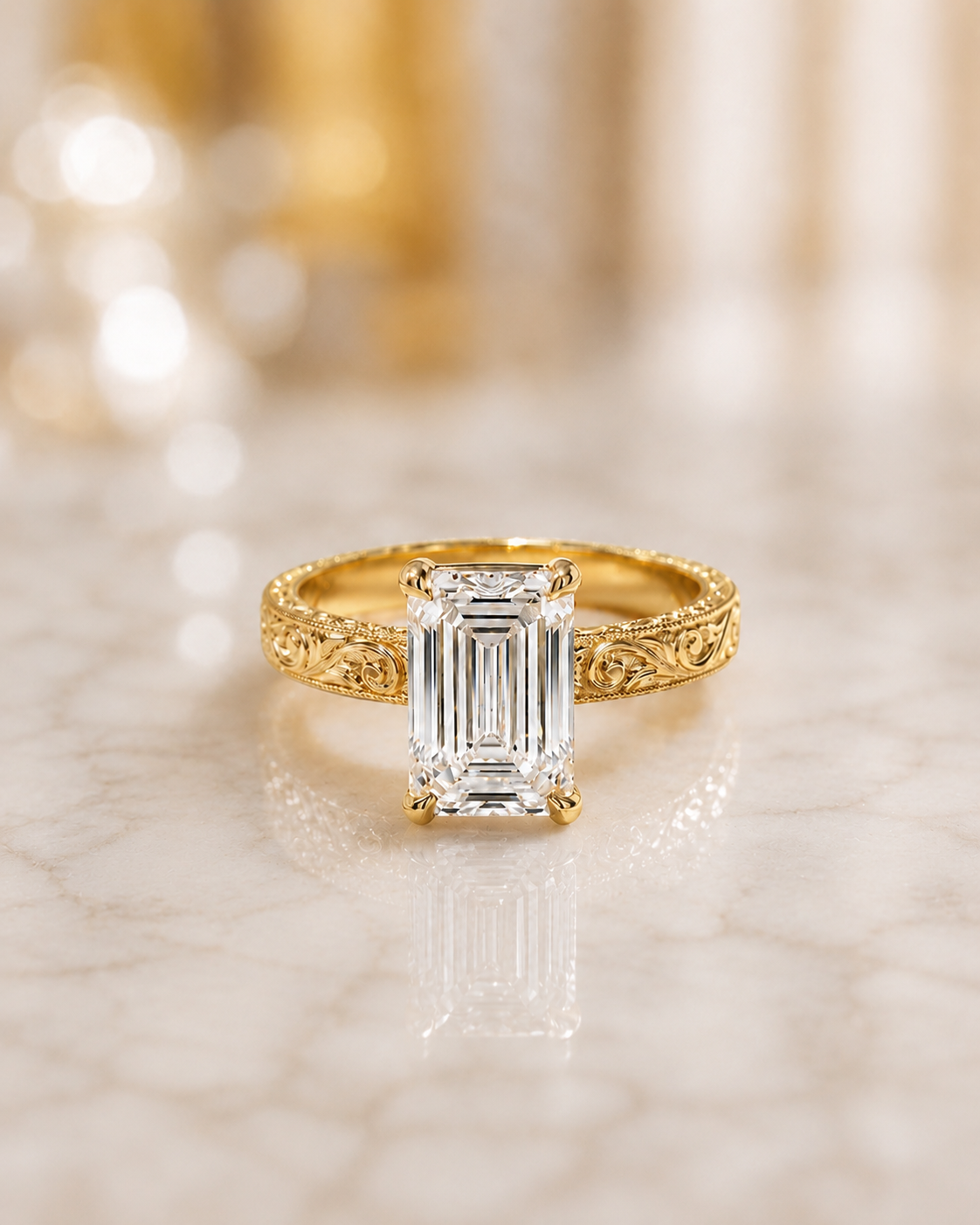 Emerald Cut Lab Grown Diamond Engagement Ring Vintage Solitaire 14K Yellow Gold IGI Certified 3ct