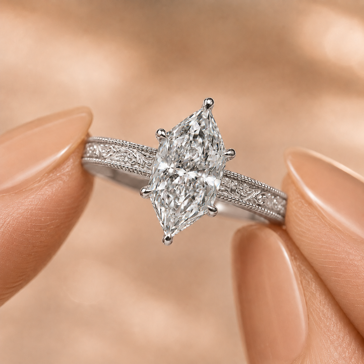 Dutch Marquise Lab Grown Diamond Engagement Ring Vintage Etched Solitaire 14K White Gold IGI Certified 3 Carat E VVS2 