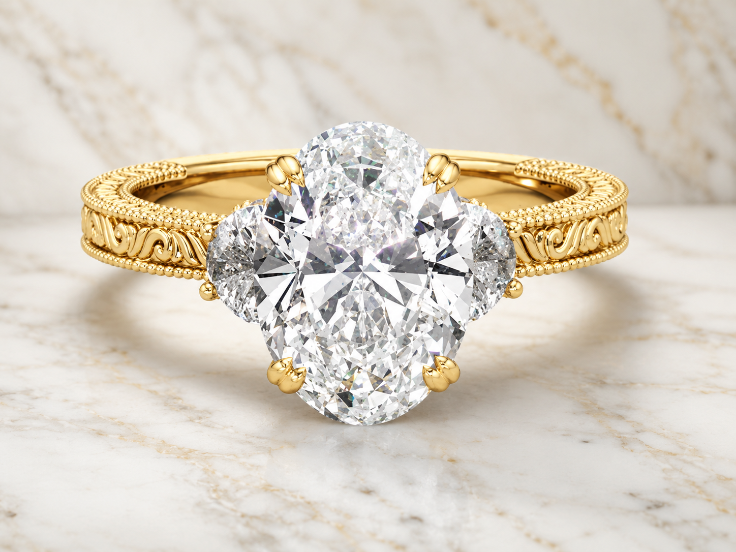 Oval Lab Grown Diamond Three Stone Ring Vintage 14K White Gold Half-Moon Side Stones, E VVS2
