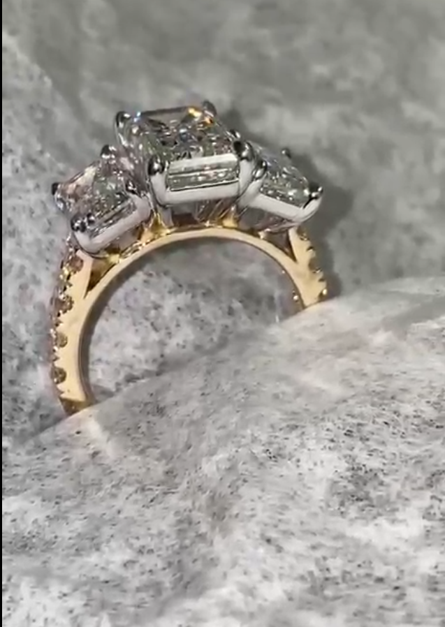 5.05 Carat Emerald Cut Lab Diamond Pave Set Three Stone Engagement Ring - 14K Yellow Gold final
