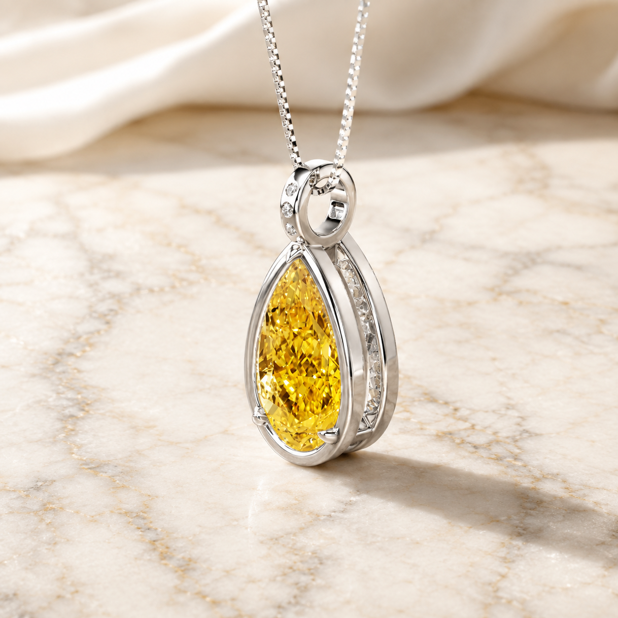 Yellow Pear Lab Diamond Pendant Necklace, 14K White Gold Bezel Solitaire (IGI Certified)