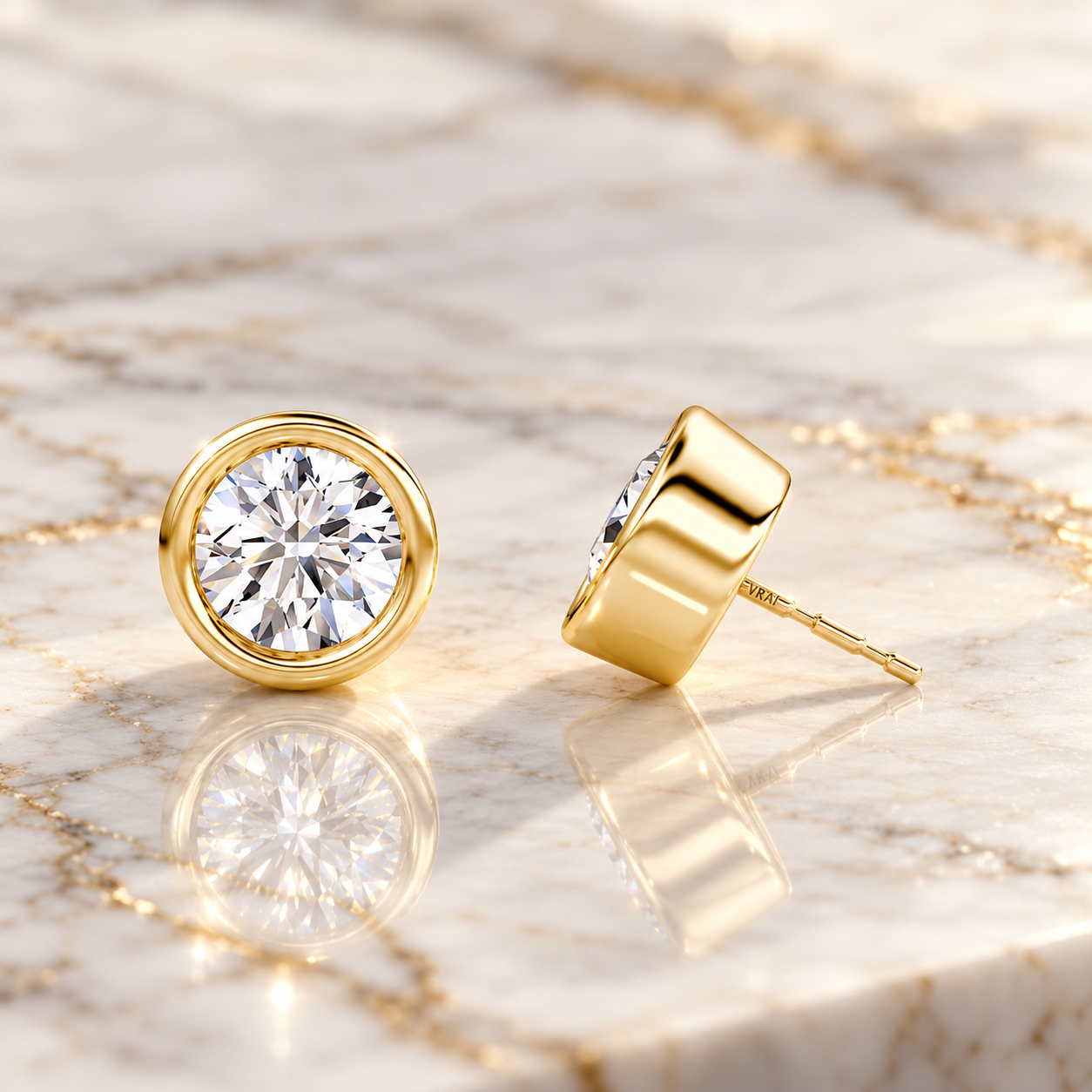 Lab Grown Diamond Stud Earrings Round Bezel Set 14K Yellow Gold IGI Certified