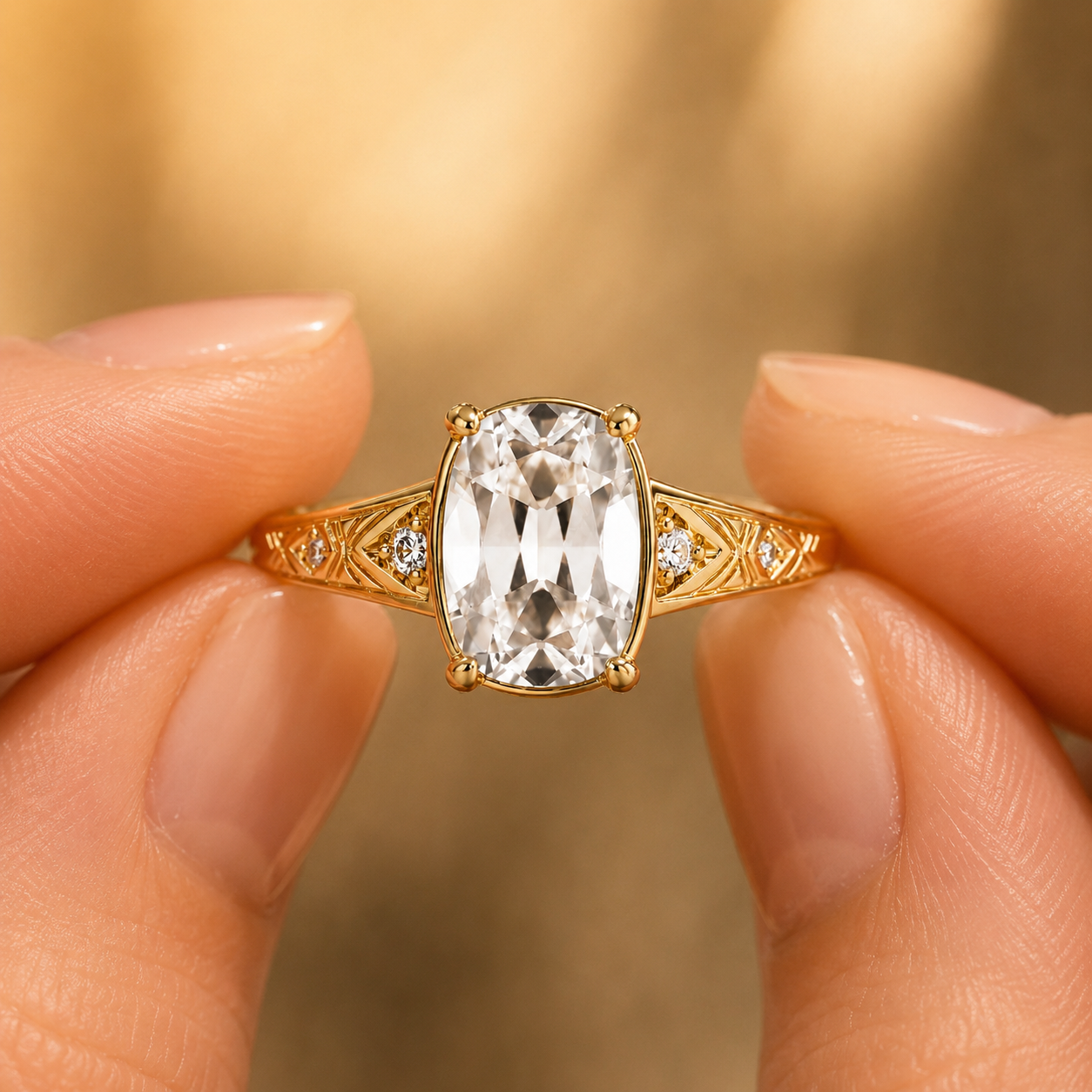 Cushion Lab Grown Diamond Vintage Engagement Ring Side Stone 14K Yellow Gold IGI Certified 2 Carat