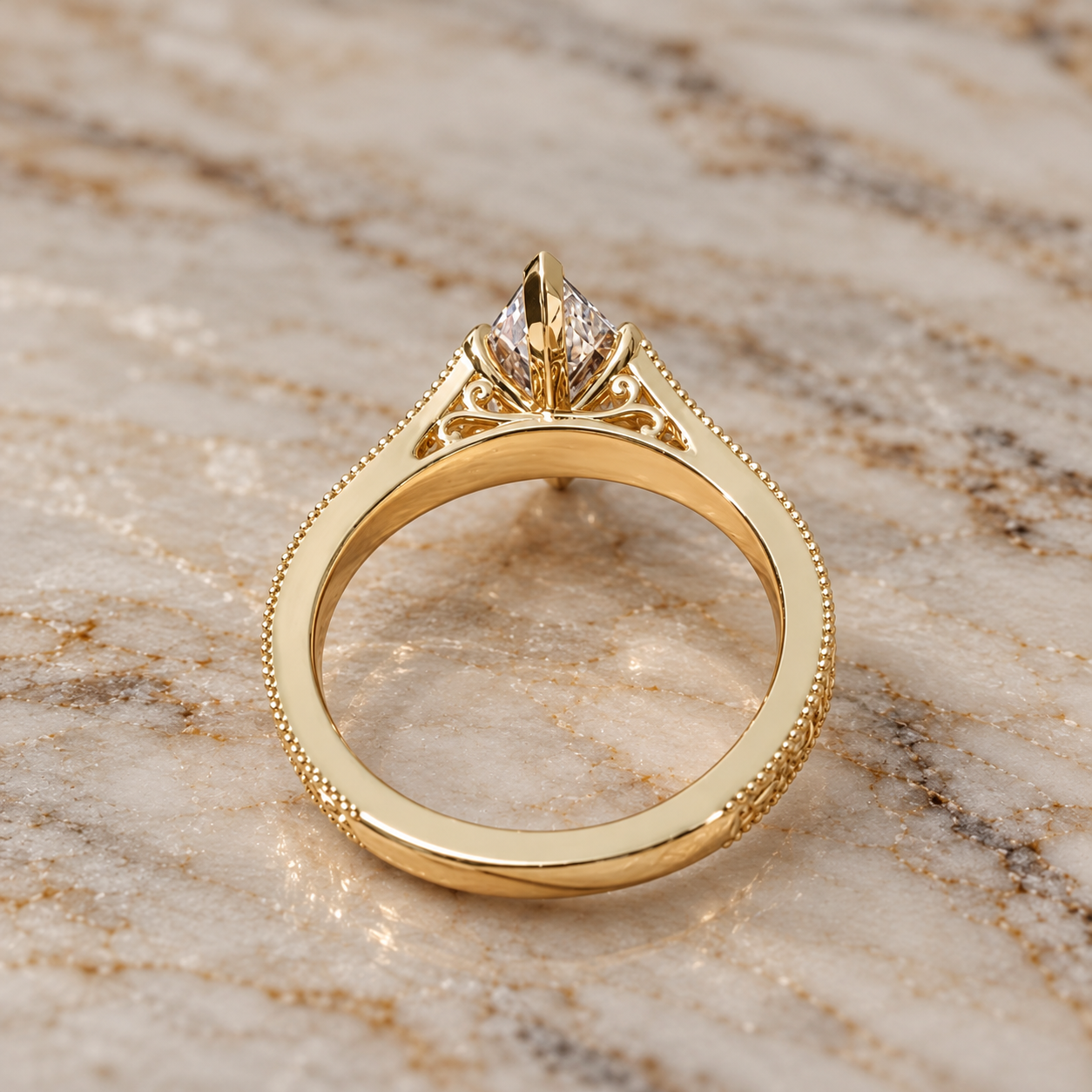 Hexagon Lab Grown Diamond Engagement Ring Vintage Milgrain Solitaire 14K Yellow Gold IGI Certified
