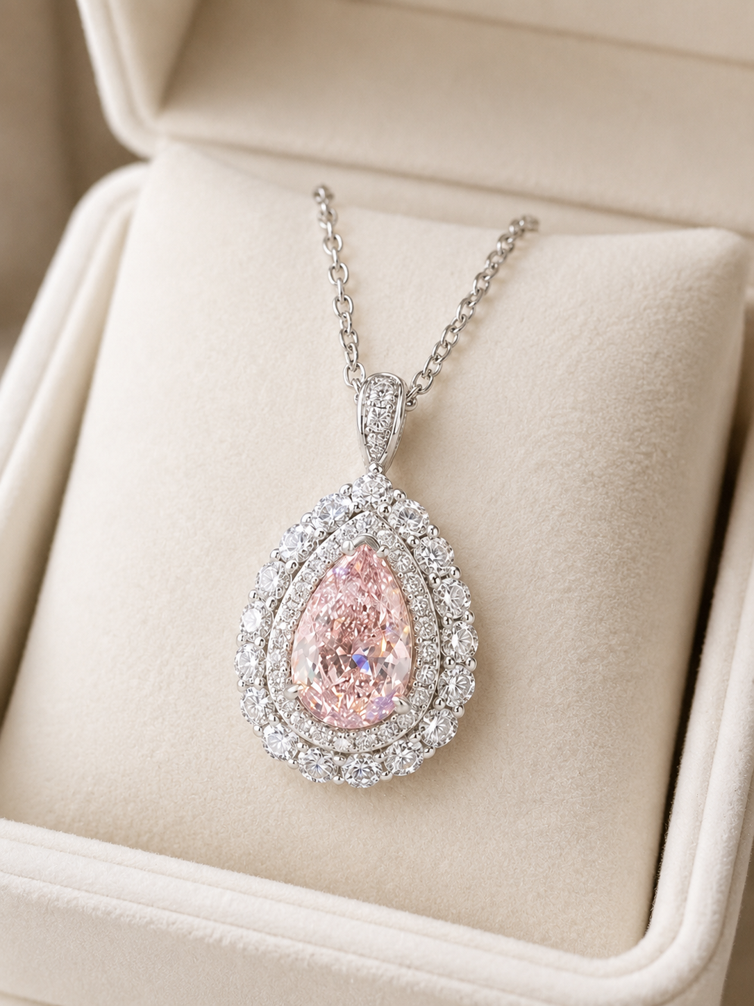 Pink Pear Lab Grown Diamond Pendant Necklace Double Halo 14K White Gold Pavé Bail for Her