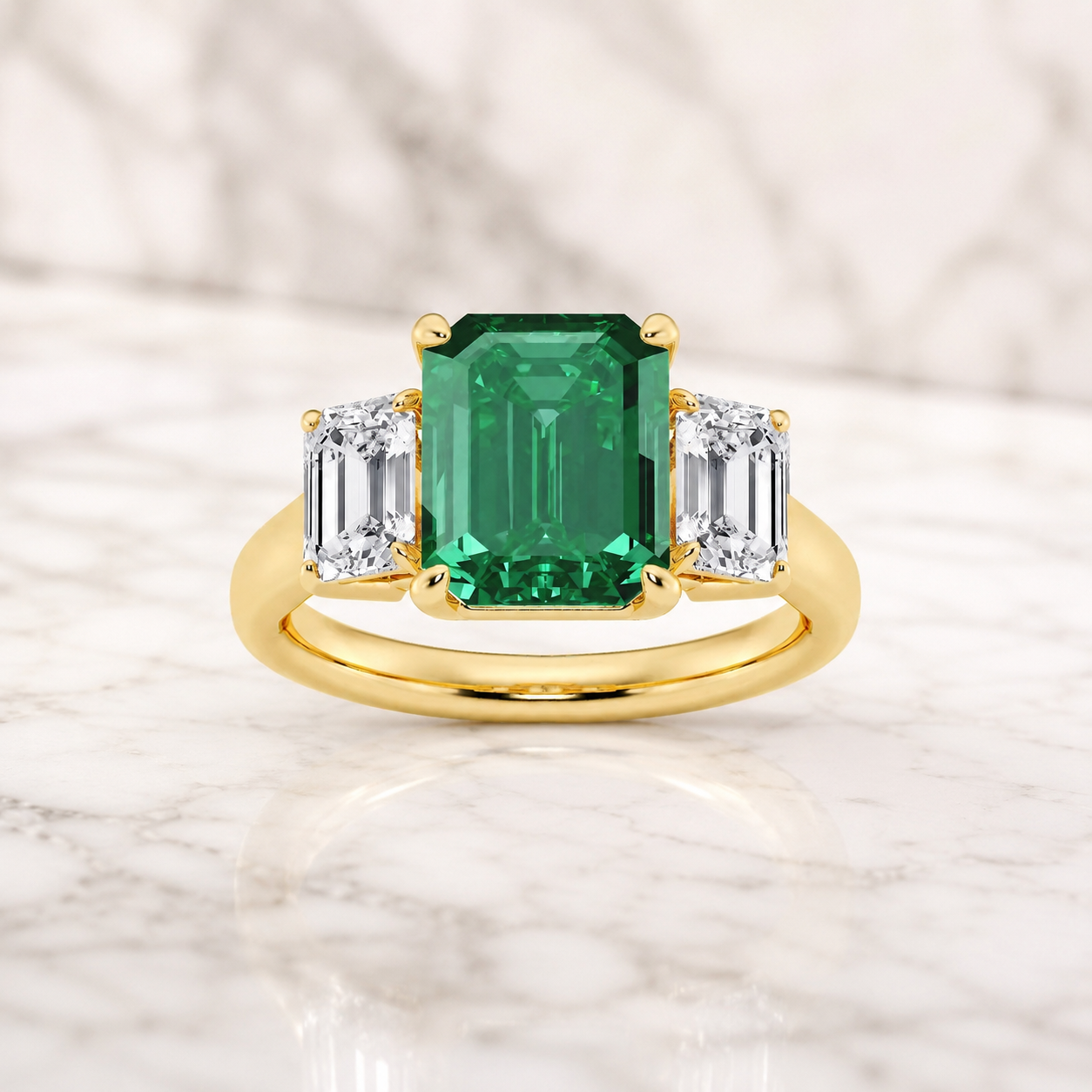 Emerald Cut Lab Grown Diamond Three Stone Ring Green Emerald Center 14K Yellow Gold VVS2 Colorless Sides