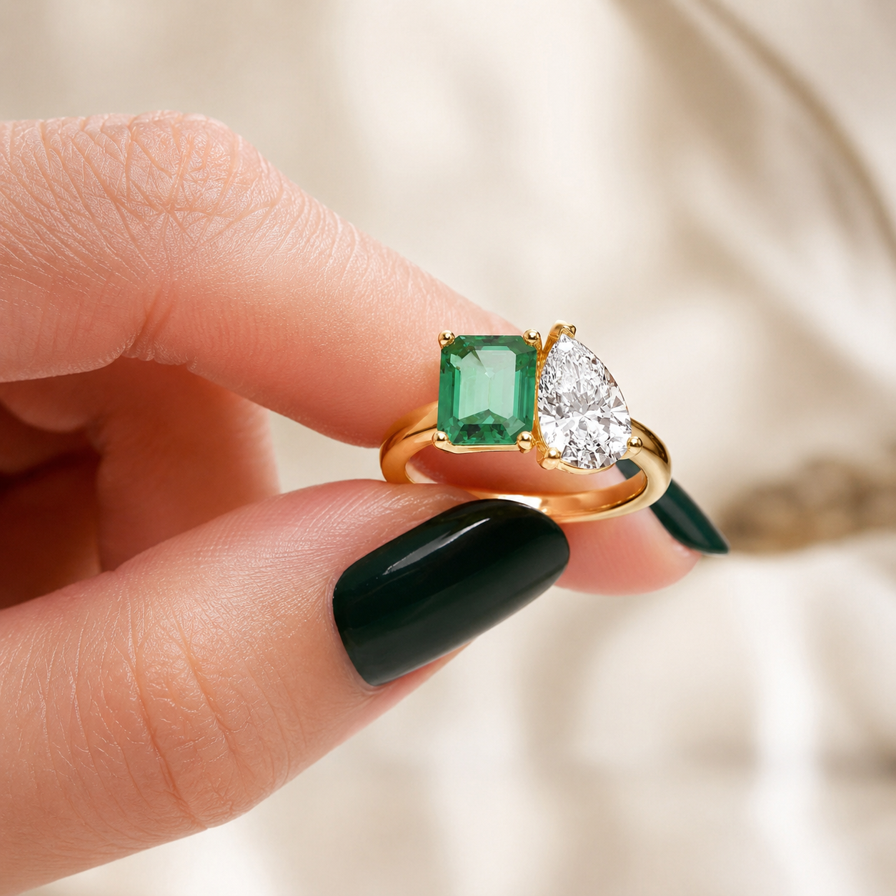 Emerald Cut Emerald & Pear Lab Grown Diamond Two Stone Ring Prong 14K Yellow Gold – 2.5ct VVS2
