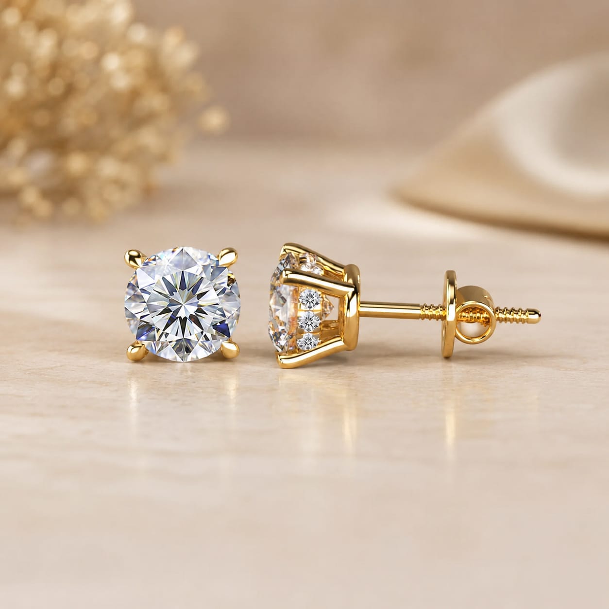 Round Lab Grown Diamond Stud Earrings – Hidden Halo 14K Yellow Gold – IGI Certified 2ct, Screw-Back