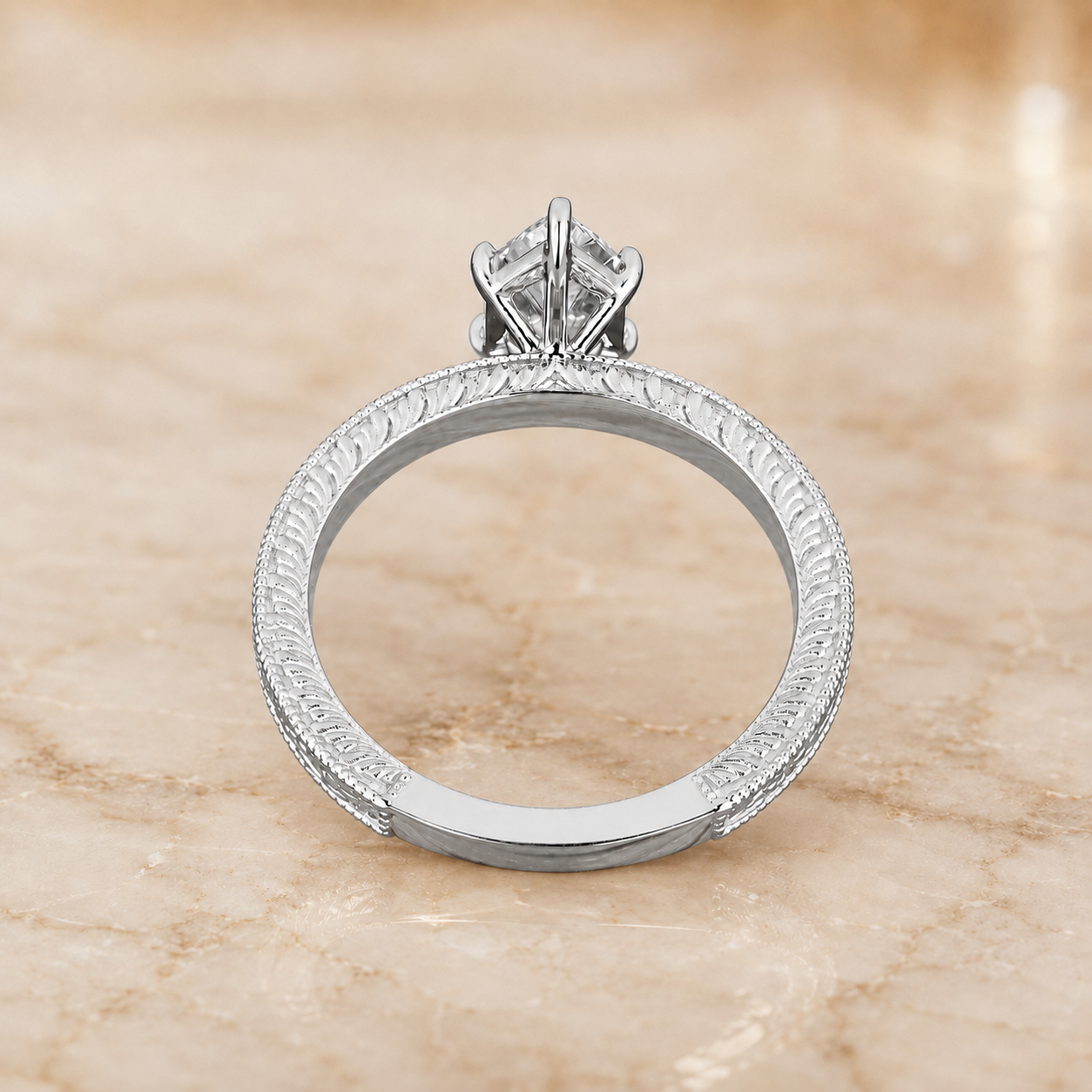 Dutch Marquise Lab Grown Diamond Engagement Ring Vintage Etched Solitaire 14K White Gold IGI Certified 3 Carat E VVS2 