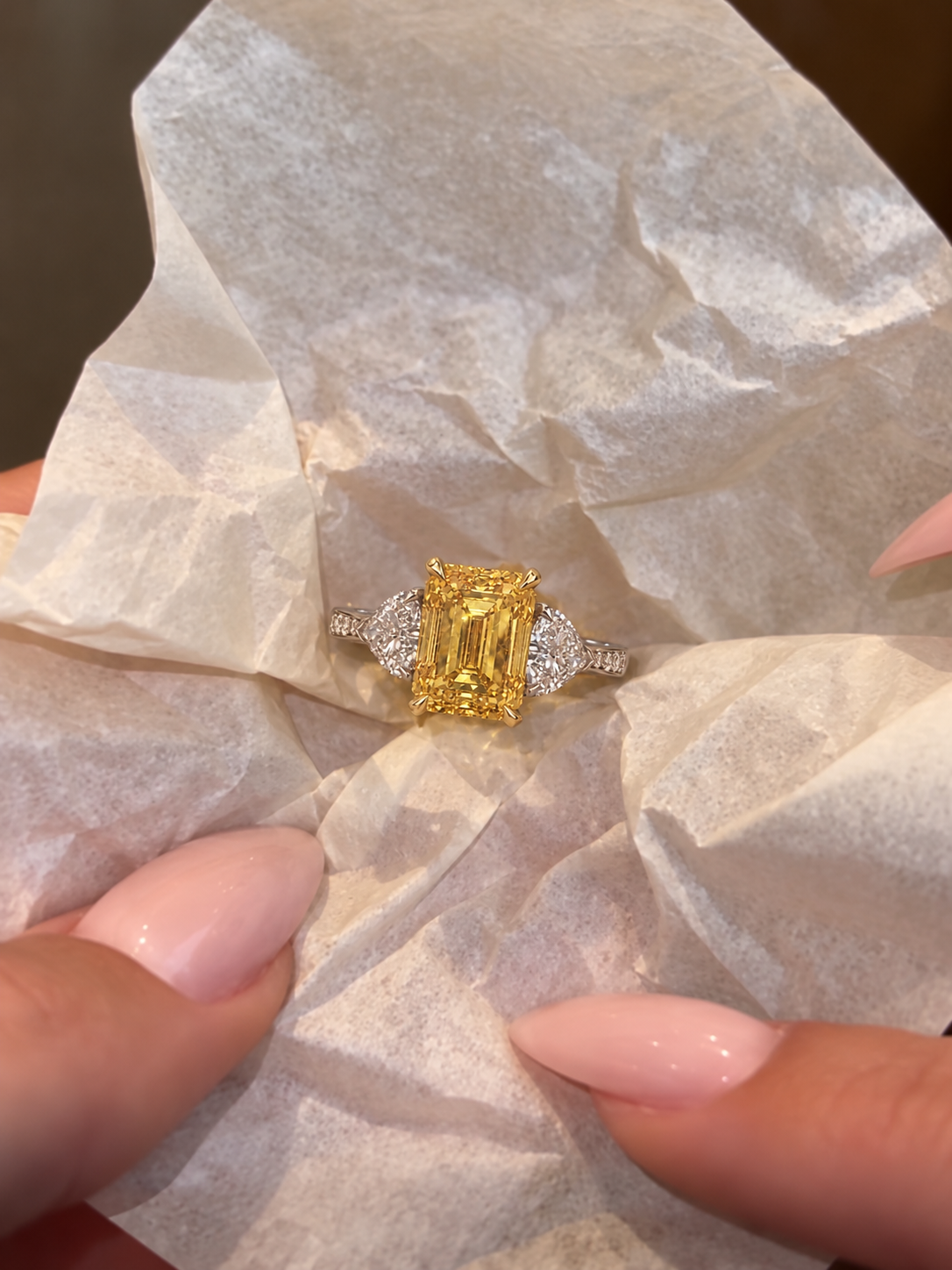 Yellow Lab Grown Diamond Engagement Ring Emerald Cut Three Stone Platinum IGI Certified Fancy Yellow
