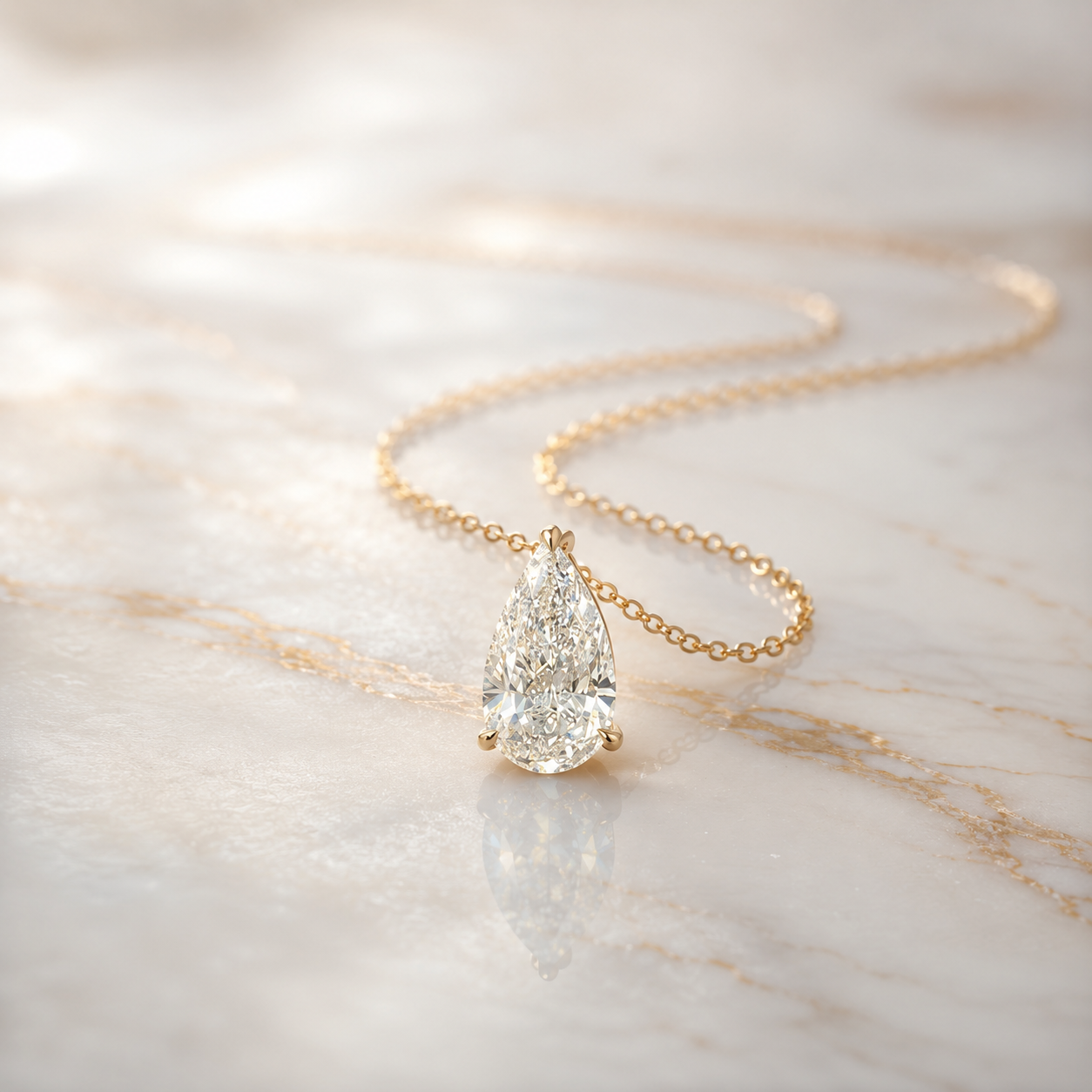 Pear Lab Grown Diamond Solitaire Pendant Necklace Prong Set 14K Yellow Gold Delicate Cable Chain
