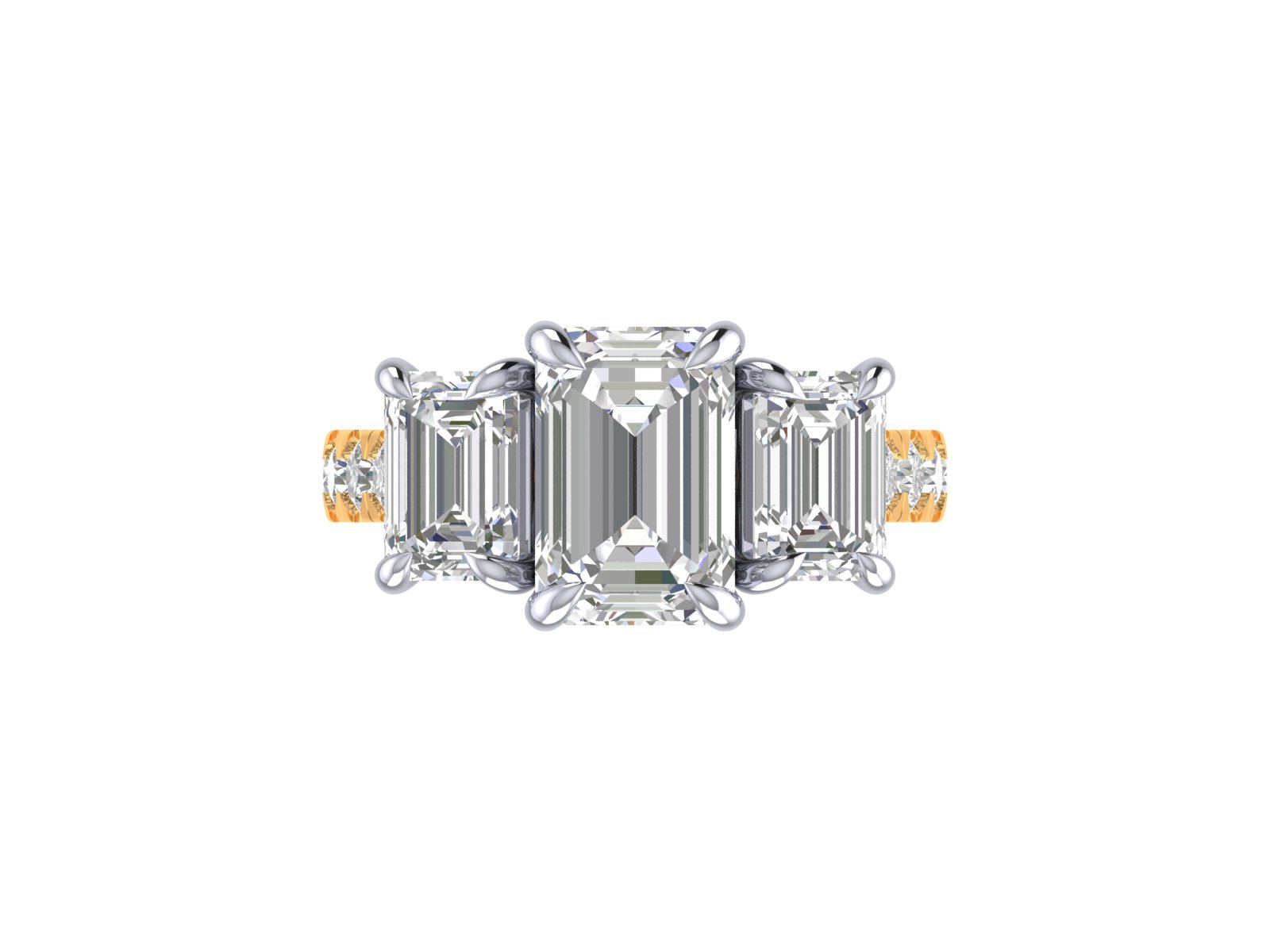 5.05 Carat Emerald Cut Lab Diamond Pave Set Three Stone Engagement Ring - 14K Yellow Gold render