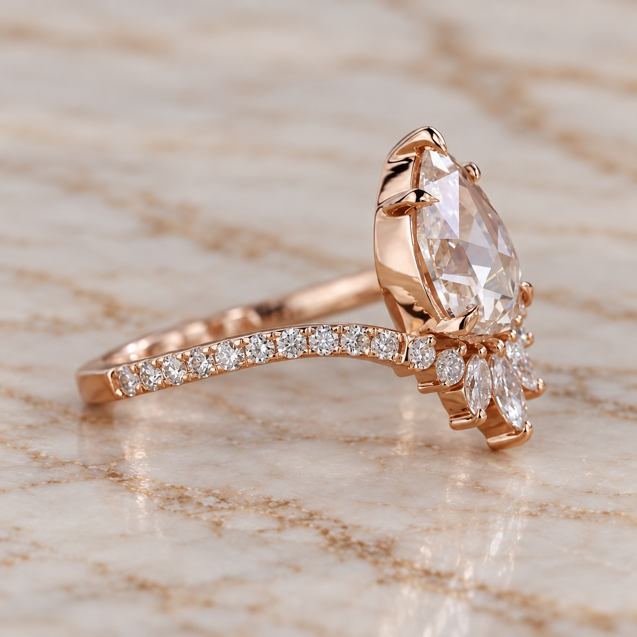 Pear Rose Cut Lab Grown Diamond Engagement Ring Claw Prong 14K Rose Gold IGI Certified