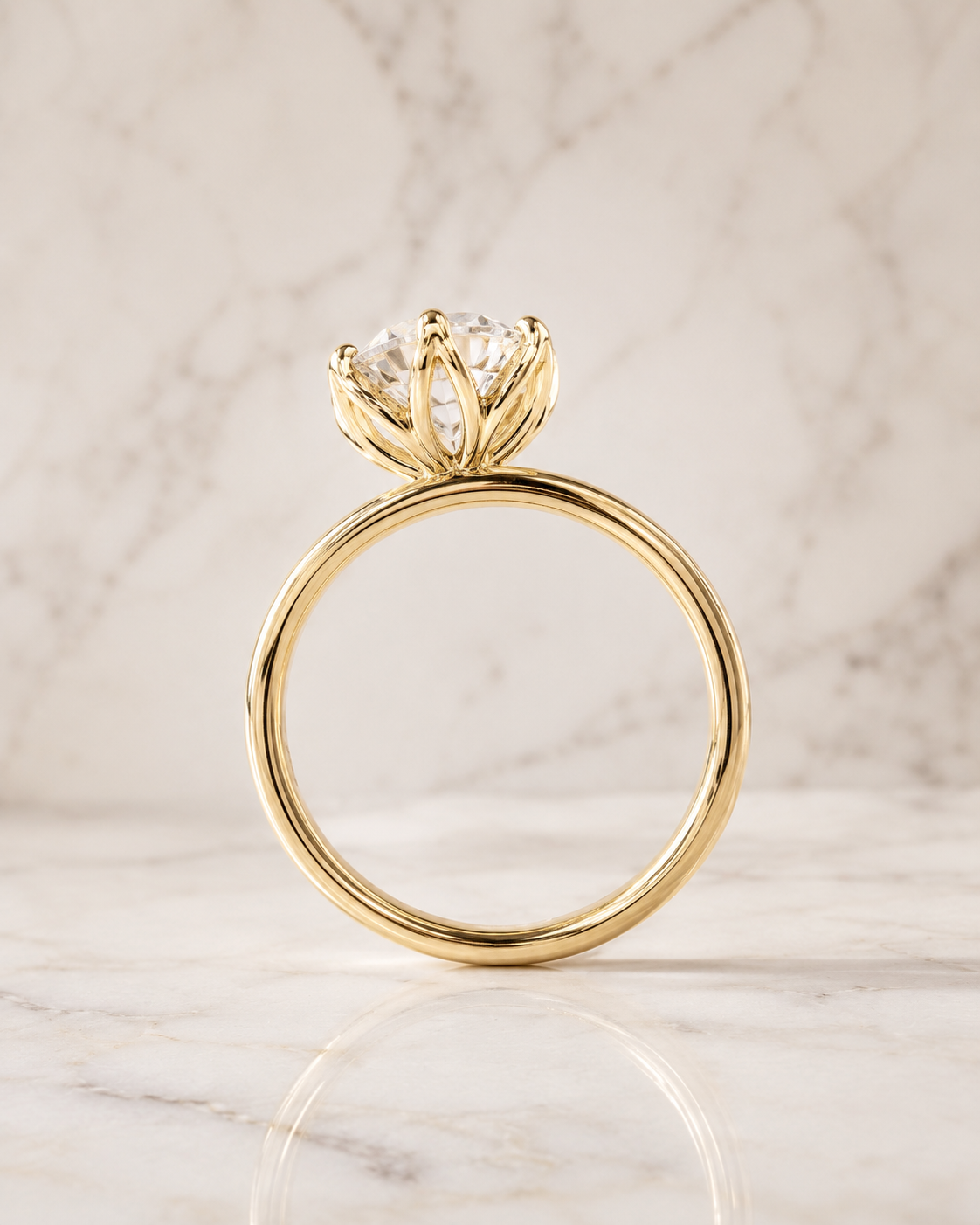 Round Lab Grown Diamond Engagement Ring – Petal Prong Solitaire in Solid Gold