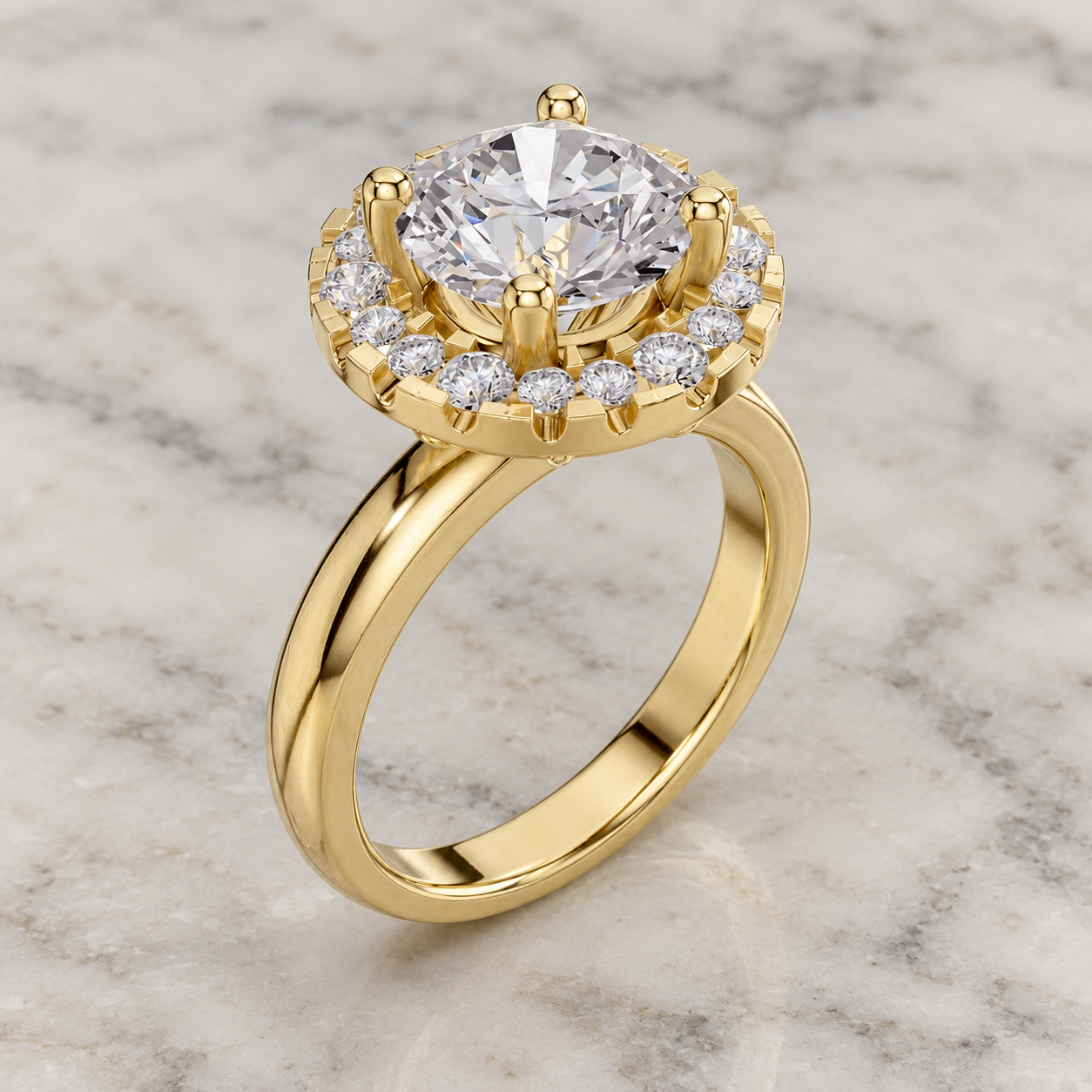 Round Lab Grown Diamond Engagement Ring Vintage Halo 18K Yellow Gold IGI Certified