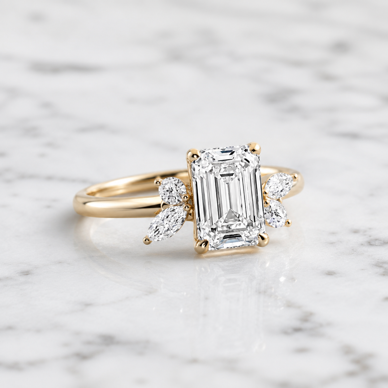 Emerald Cut Lab Grown Diamond Engagement Ring Floral Side Stone 14K Rose Gold IGI Certified 2 Carat E VVS2