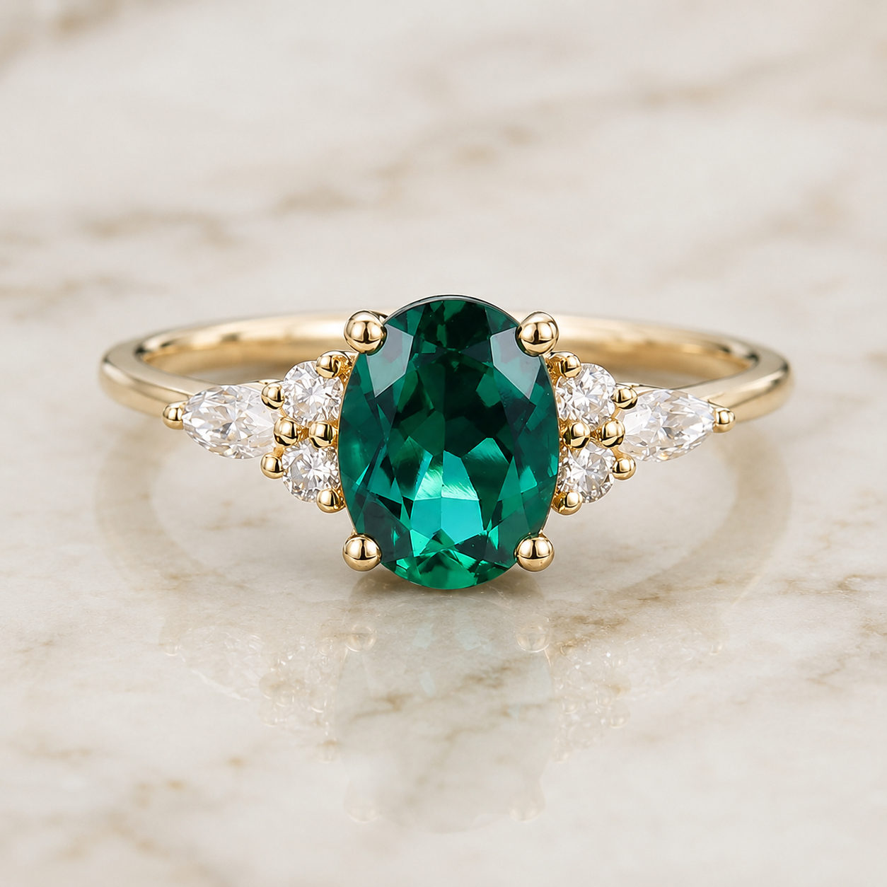 Oval Emerald & Lab Grown Diamond Engagement Ring Vintage Cluster 14K Gold Classic Setting