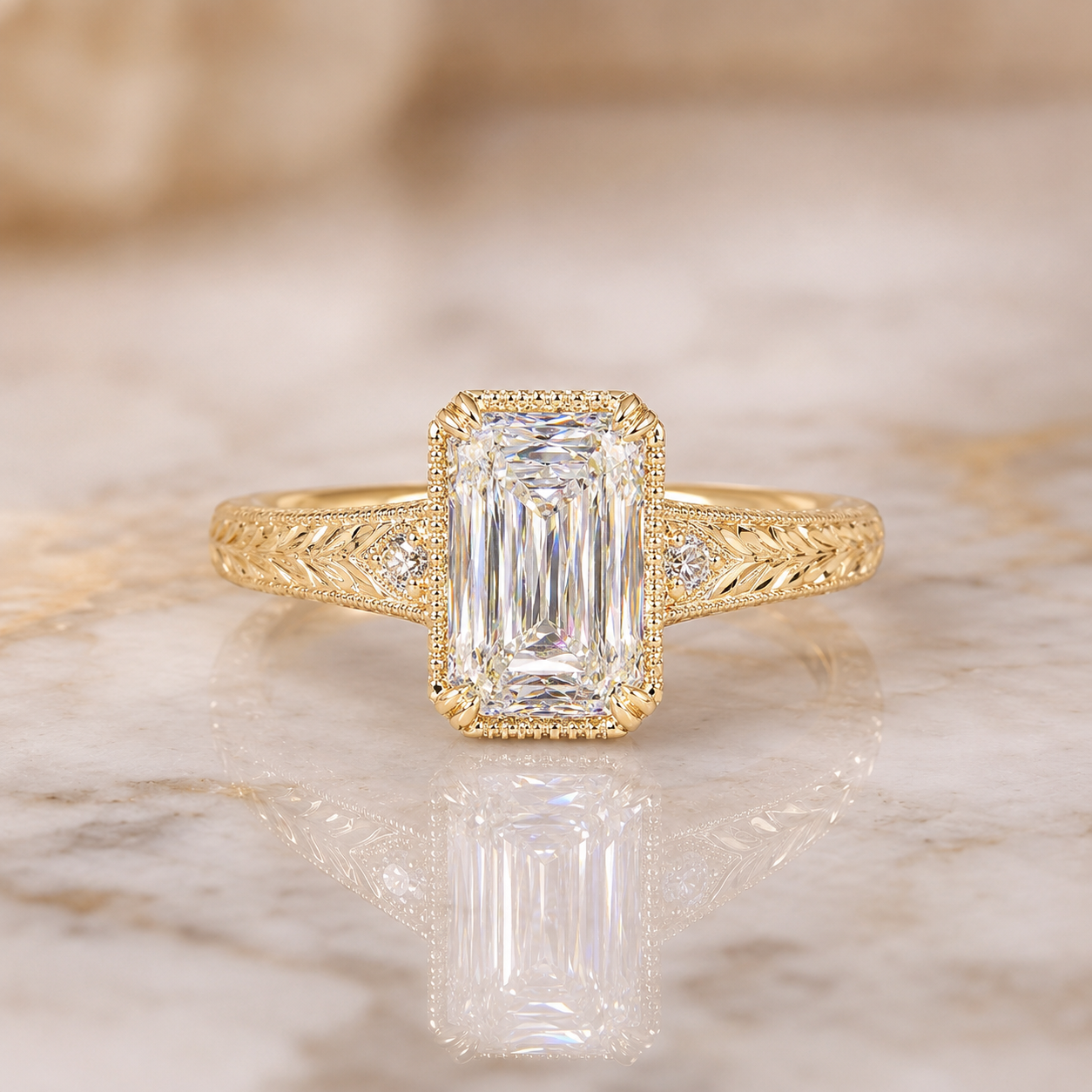 Crisscut Lab Grown Diamond Engagement Ring Milgrain Bezel 14K Yellow Gold – IGI Certified 3 Carat E VVS2
