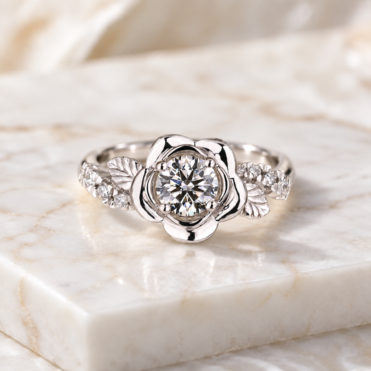 Round Lab Grown Diamond Engagement Ring Nature Leaf Rose 14K White Gold IGI Certified 1.00 Carat