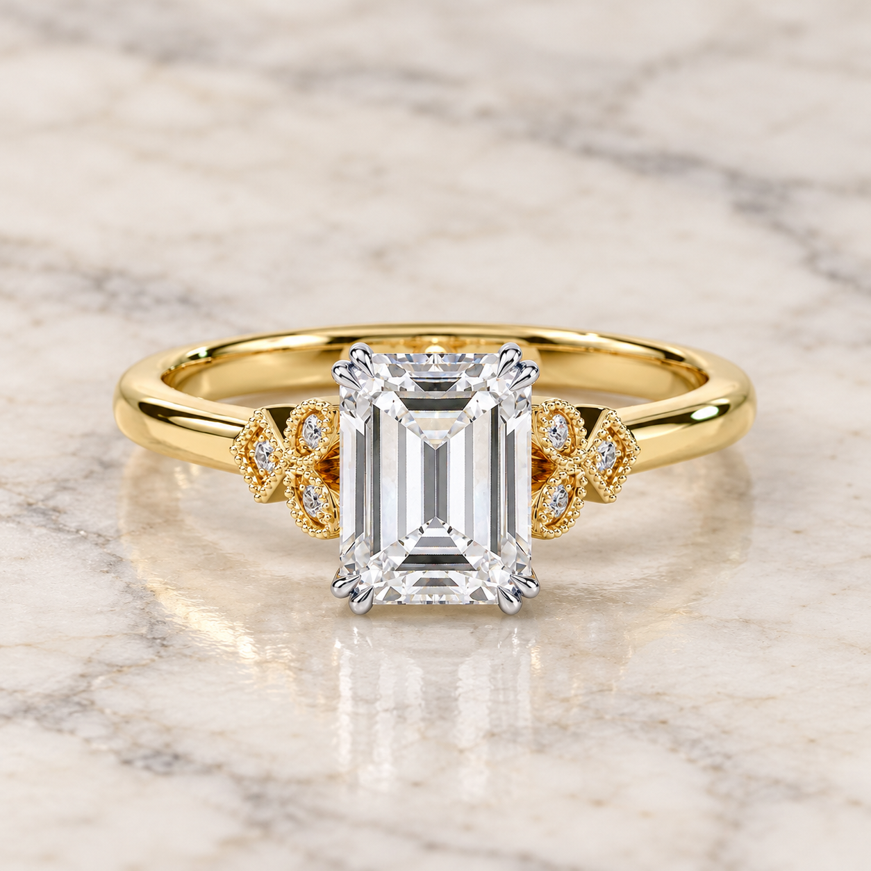 Emerald Cut Lab Grown Diamond Engagement Ring Vintage Milgrain 14K Two Tone Gold Accent Diamond Shoulders