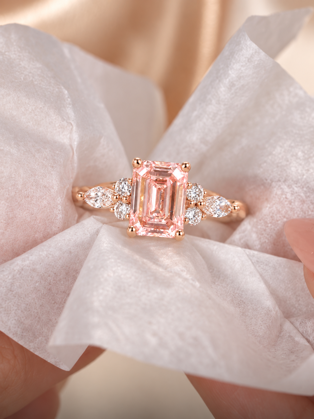 Emerald Cut Pink Lab Diamond Engagement Ring, Twisted Rose Gold Band, IGI Certified