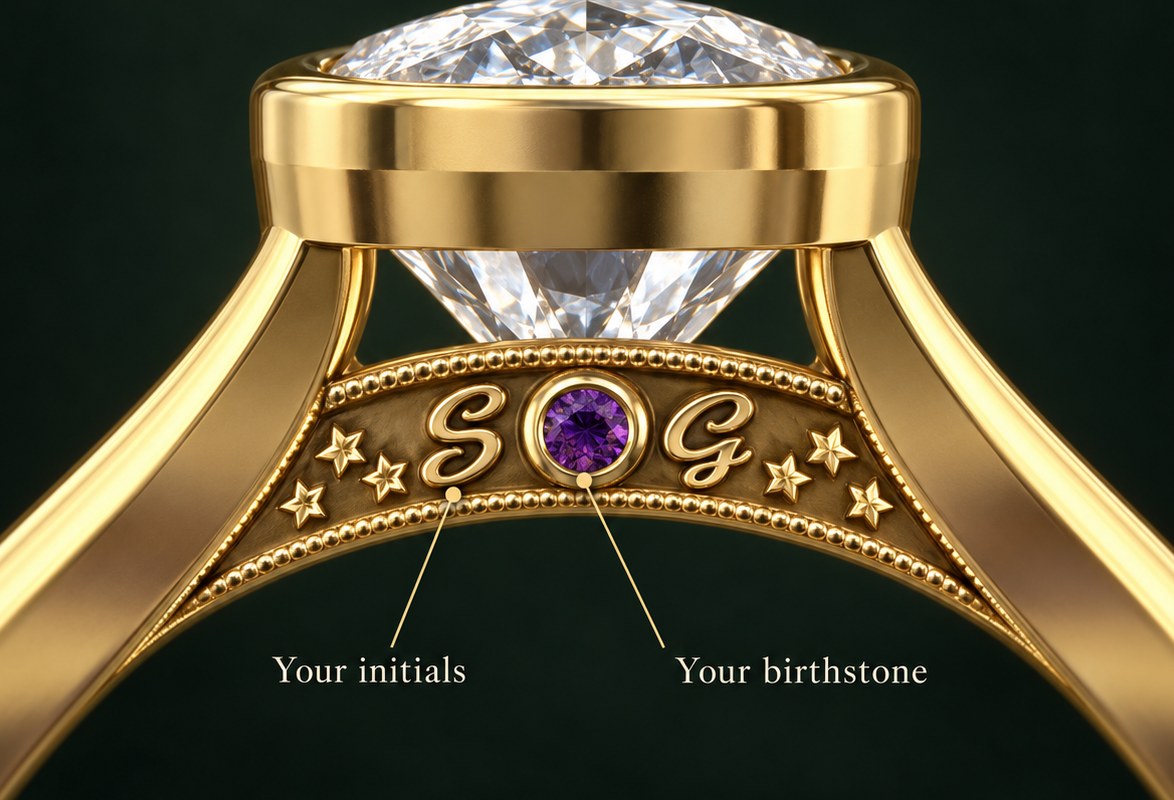 Personalized bridge engraved with initials and a birthstone