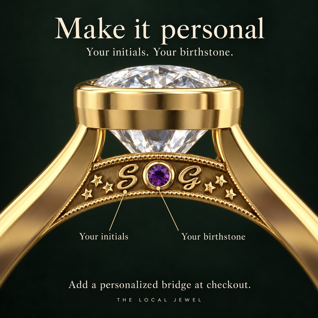 Make it personal - add your initials and birthstone to the bridge (+$150)